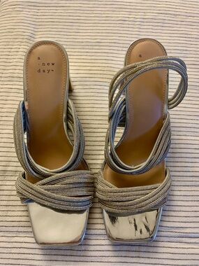 a new day Metallic Silver Strappy Square-Toe Heeled Sandals